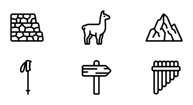 Andean Icons: Llama, Mountain, Stone Wall, Trekking Pole, Signpost, Pan Flute