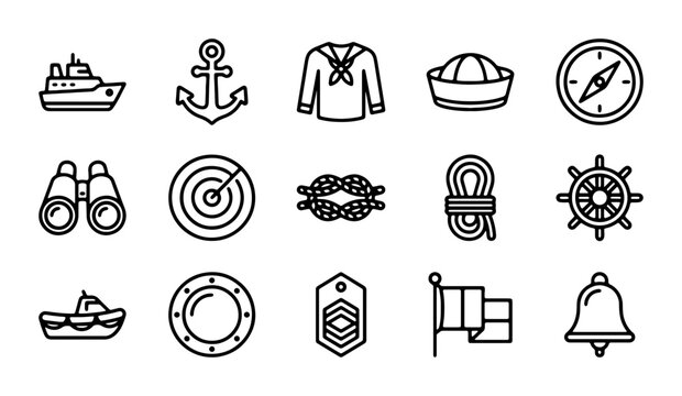 Nautical Icons Set, Marine Symbols Collection, Maritime Vector Graphics for Sea Travel and Adventure