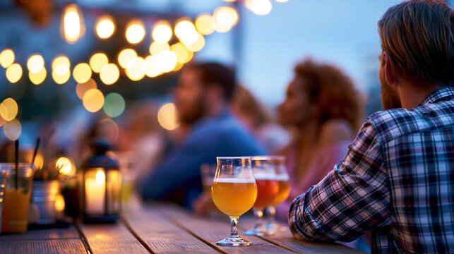Rear view of friends at a vibrant bar sharing drinks with warm lighting around them, bar social concept, friends bar photography, nightlife gathering lifestyle, defocused