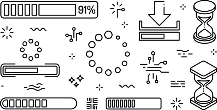 Loading progress bar icon set line art doodle vector illustration with hourglass download indicator buffering status time management