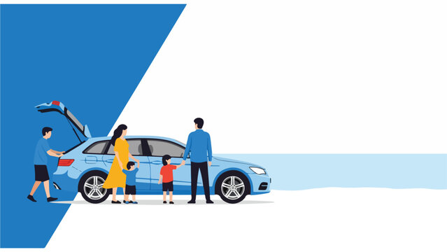 Family loading into a blue car on a road trip vacation