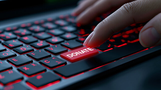 Finger pressing illuminated donate button on keyboard with red backlight representing online charity and digital payment.