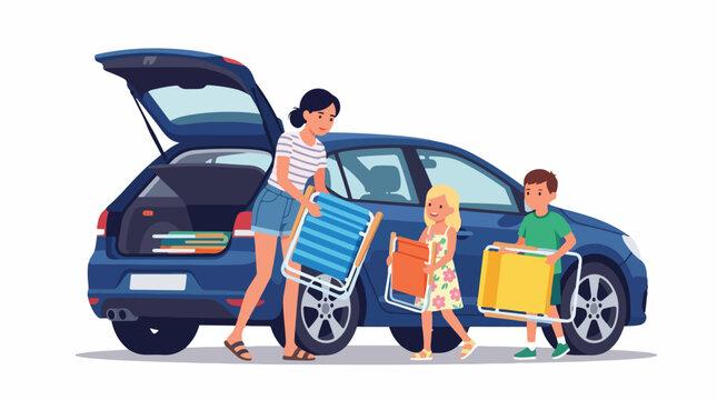Family loading beach chairs and luggage into car for vacation