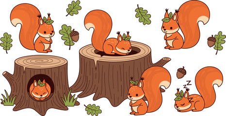 Cute Squirrel Vector Illustration Set Featuring Hand Drawn Cartoon Squirrels with Tree Stumps Acorns and Oak Leaves Isolated on White Background for Kids Nursery Designs © Mst