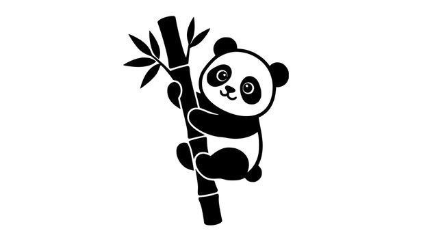 Black panda silhouette vector climbing bamboo on white background, cute wildlife illustration