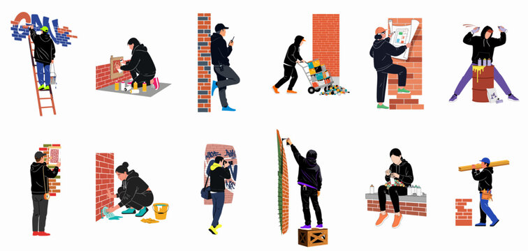 Diverse characters representing street artists, graffiti writers, and maintenance workers performing various tasks, isolated on a white background.