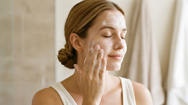 Woman applying white facial cleanser foam to her face image
