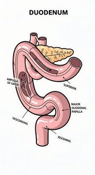 Anatomical diagram of human duodenum with labeled parts.