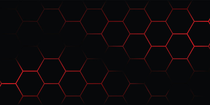 Abstract dark hexagon pattern on red neon background technology style. Modern futuristic geometric shape web banner design