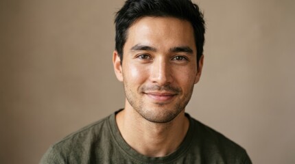 Obraz premium A man with dark hair wearing a green t-shirt, standing against a neutral background.