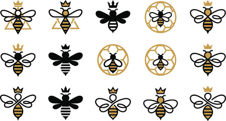 Fototapeta premium Honey bee logo icons collection vector illustration, queen bumblebee mascots set with crown and honeycomb