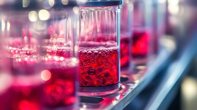 Close-up of glass containers filled with bubbling red liquid, likely for scientific analysis.