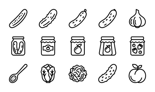 Pickle Icons, Jar Icons, Food Icons: Simple Outline Vector Set for Culinary Design