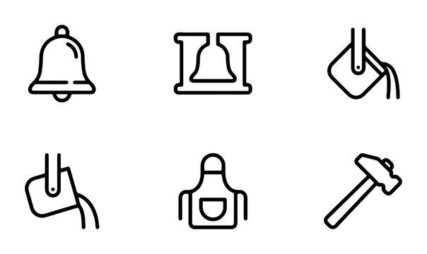 Bell Foundry Icons: Metal Casting, Apron, Hammer, Bell Mold, Pouring Ladle, Vector Set