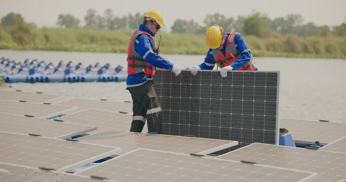 Technicians check floating solar farm wiring, polarity, and grounding for reliability and safety