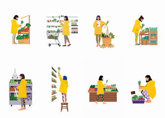 Naklejka premium Set of Illustrations Featuring a Woman in a Yellow Raincoat Shopping for Fresh Vegetables at Different Market Stalls and Grocery Stores