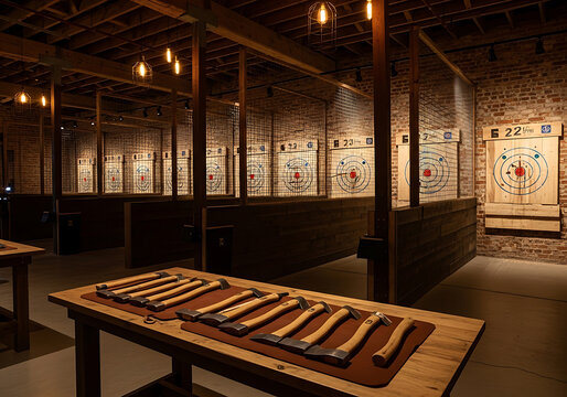 Indoor axe throwing facility with multiple lanes and targets, featuring a table displaying various axes in the foreground.
