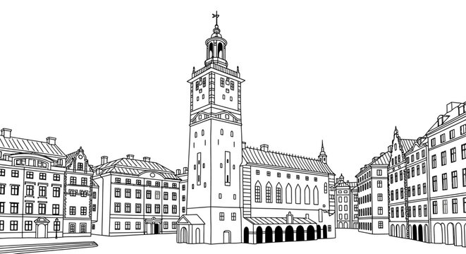 Historic European Town Hall with Clock Tower Illustration.