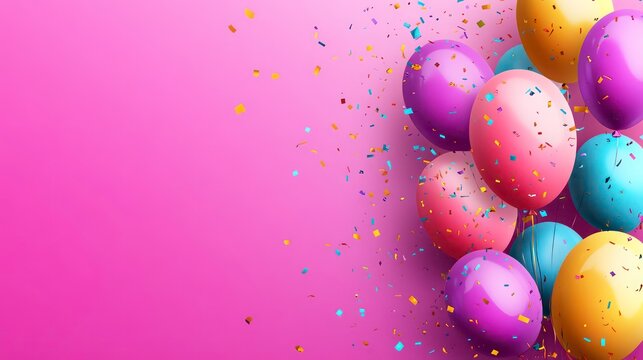 Colorful balloons and confetti on a pink background, perfect for celebrations.