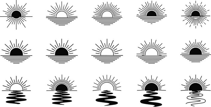 Sixteen stylized sun icons showing sunrise and sunset variations with horizons, reflections, and artistic line art silhouettes