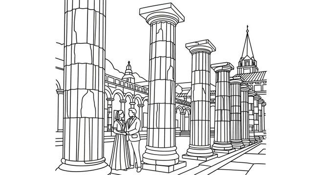 Elegant historical illustration with classical columns and figures.