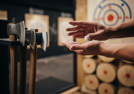 Person's hands holding chalk, preparing for an axe throwing game with targets and axes visible in the background.