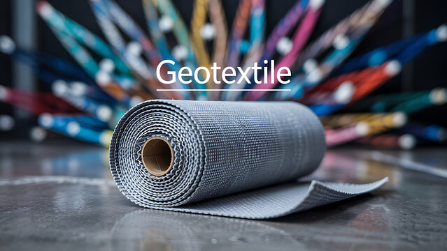 Gray geotextile fabric roll on metal surface with colorful threads in background for construction and landscaping applications