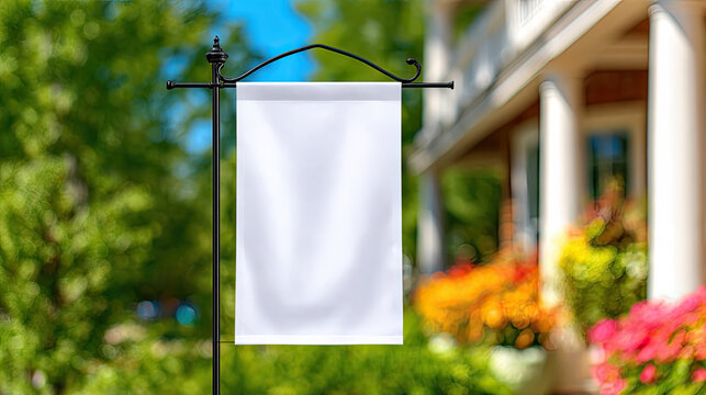 Blank White Vertical Flag in Garden Setting