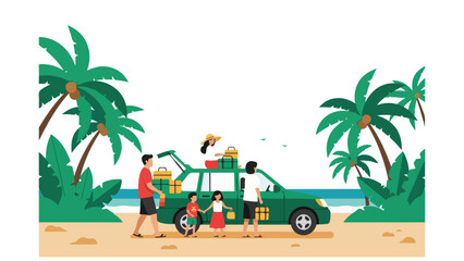 Obraz premium Family packing car for beach vacation with palm trees