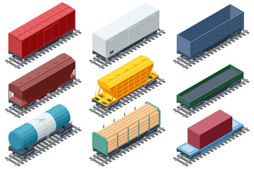 Isometric set of railway freight wagons. Tanker, hopper, boxcar for diverse industrial logistics commercial transport. Railway train wagon, locomotive transport, cargo transportation railroad carriage © Golden Sikorka