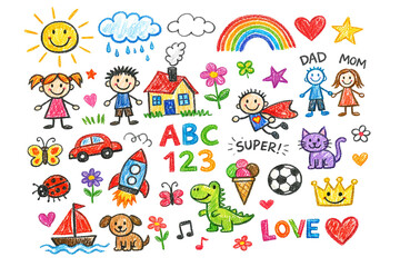 Fototapeta premium Colorful children's coloring page with various themes and objects for educational and artistic play.