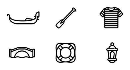 Venice Icons: Gondola, Bridge, Lifebuoy, Oar, Shirt, Lantern Vector Set © Shohag