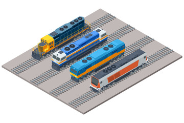 Isometric illustration of a modern locomotive on a railway track. This powerful train engine symbolizes efficient cargo transport, passenger transit, and rail network speed © Golden Sikorka