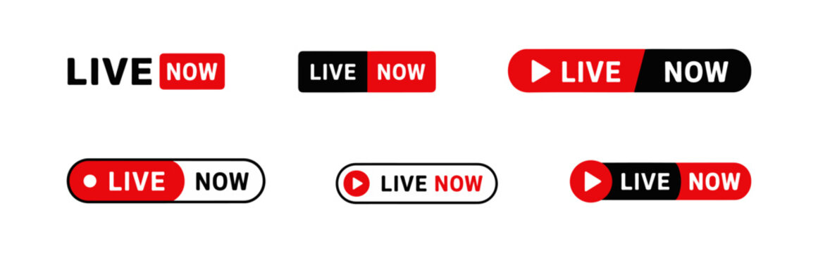 Live Now Button Collection With Streaming Interface Elements and Modern Broadcast Badge Design. Live Streaming Banner Set Featuring Media Play Buttons and Online Broadcast Interface Icons