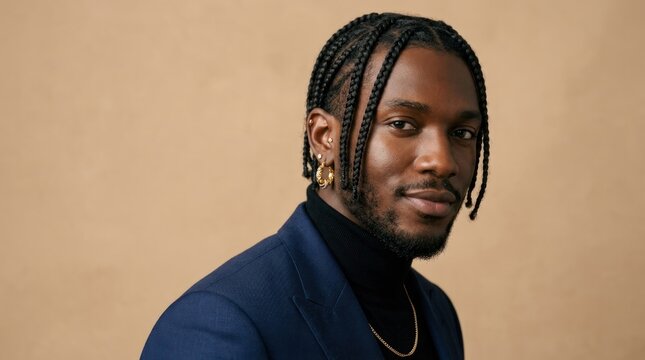 A man with braided hair wearing a blue suit and black shirt, standing against a beige background.