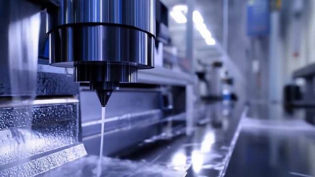 Automatic cnc machine working on metal part, shaping component with coolant fluid for industrial manufacturing, demonstrating advanced technology and engineering processes