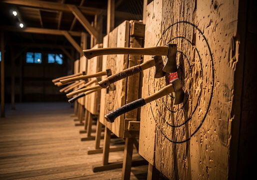 Multiple axes stuck in wooden targets at an indoor axe throwing facility, ready for a leisure activity.