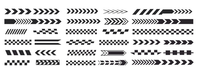 Collection of black and white racing stripes and checkered flag patterns for sports and speed branding with various geometric arrow shapes and linear divider © Jibit