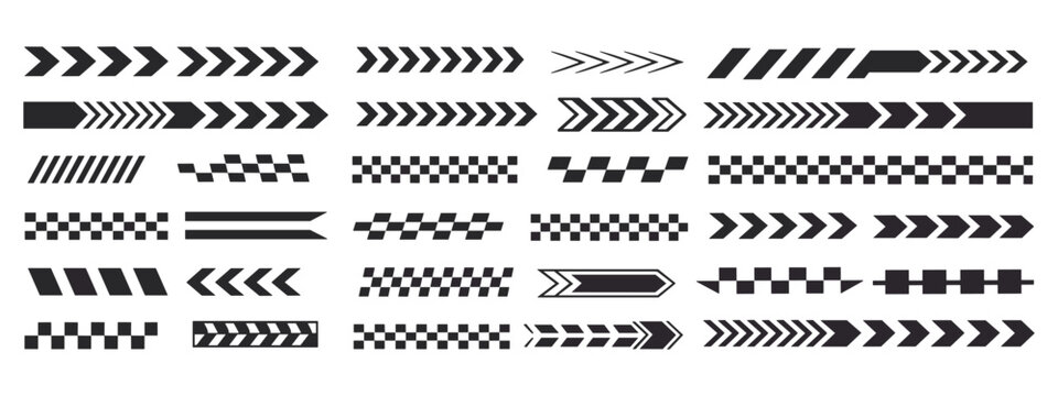 Collection of black and white racing stripes and checkered flag patterns for sports and speed branding with various geometric arrow shapes and linear divider