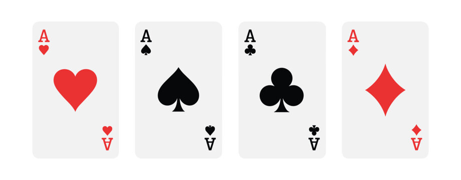 Four playing cards showing the ace of hearts ace of spades ace of clubs and ace of diamonds arranged in a horizontal row on a plain white background