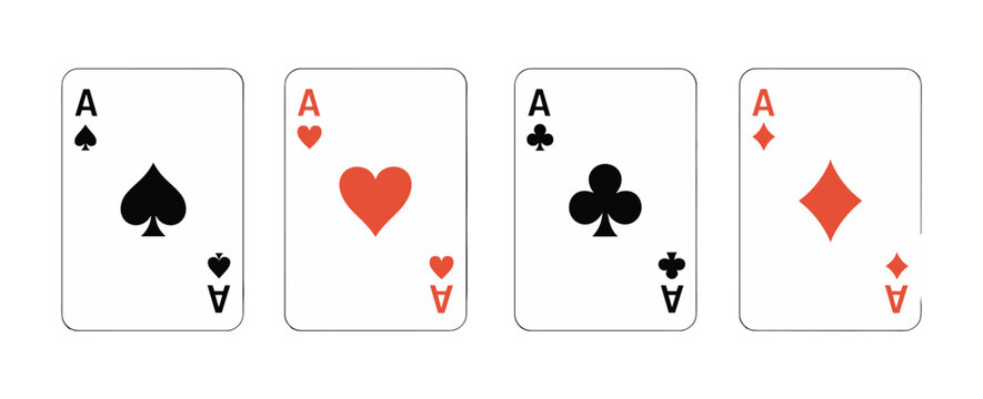 Four playing cards showing the ace of spades hearts clubs and diamonds arranged in a horizontal row against a white background with black and red suit symbols and lettering