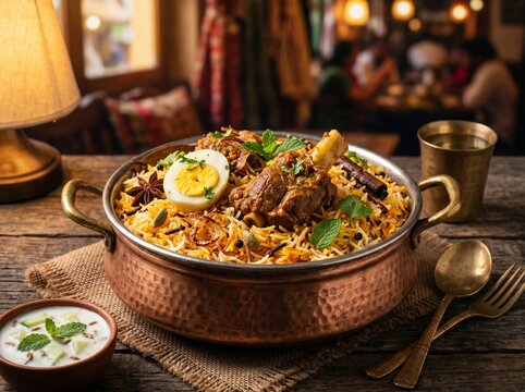 Aromatic mutton biryani served in a traditional copper pot with a side of raita