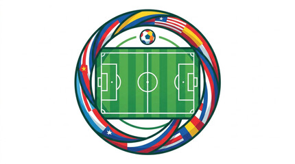 Soccer Field Emblem with International Flags and Ball. © Ira