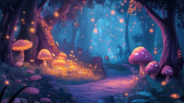 Enchanting magical forest path, glowing with bioluminescent fungi and fireflies.  Mystical night, full of wonder