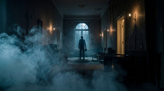 Mysterious man silhouette in foggy, dark, abandoned old room with arched window