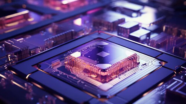 Microchip processor creating advanced computing technology connection, illuminating a vibrant circuit board architecture with intricate electronic components, showing the core of digital innovation