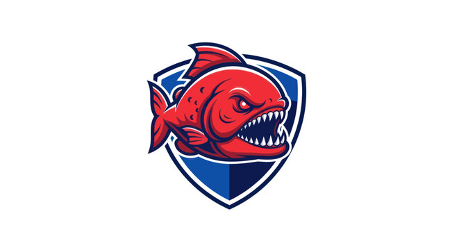 Aggressive Red Piranha Fish Emblem with Sharp Teeth on Blue Shield