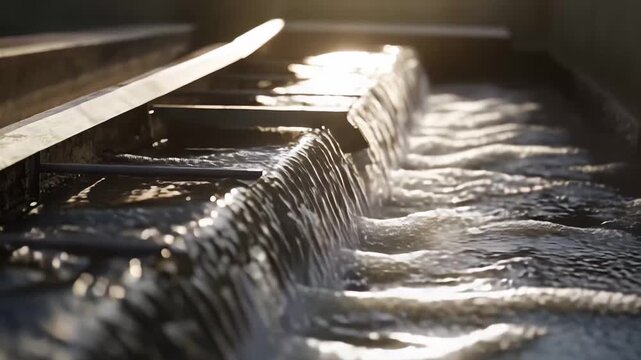 Water filtering over weirs in a wastewater treatment facility, symbolizing environmental conservation, sustainability, and industrial processing of aquatic resources to ensure clean liquids