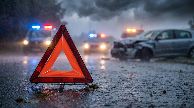 Warning triangle in foreground with police cars after accident in storm  