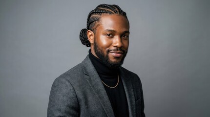 Fototapeta premium A man with braided hair wearing a gray suit and black turtleneck, standing against a gray background.